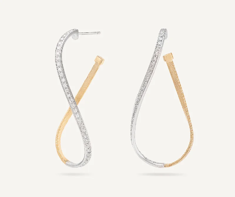 18K Yellow Gold Twisted Irregular Medium Hoops with Diamond Pavé