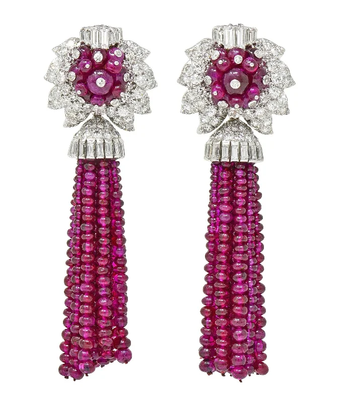 Andrew Clunn 131.96 CTW Diamond Ruby Platinum 18 Karat Gold Vintage Convertible Day Night Tassel Earrings