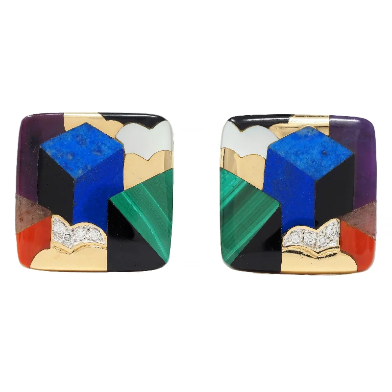 Asch Grossbardt 1980s Multi-Gem 14 Karat Yellow Gold Vintage Cushion Inlay Earrings