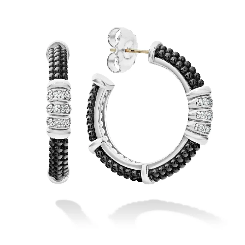 Black Caviar Ceramic Beaded Diamond Hoop Earrings