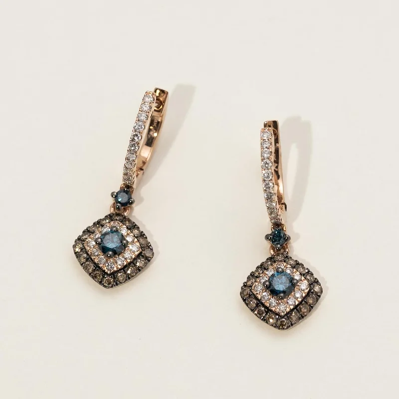 Blue and Champagne Diamond Double Halo Earrings in 14kt Rose Gold (1 1/4ct tw)