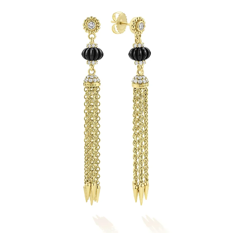 Studio 18K Gold Tassel Earrings with Black Onyx and Diamonds