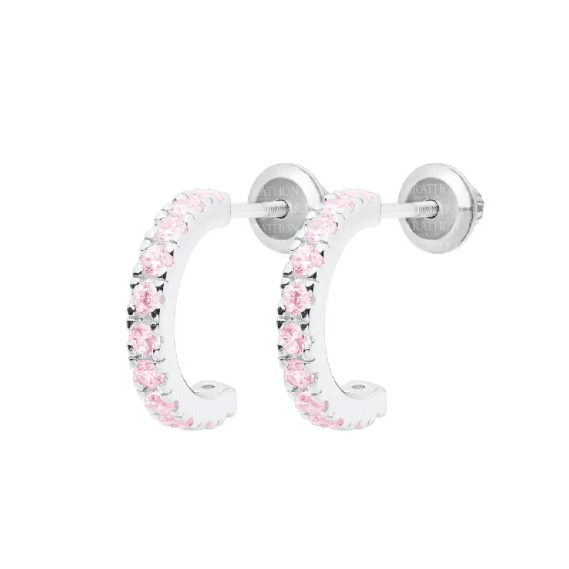 Childrens Pink Cubic Zirconia Hoop Earrings in Sterling Silver