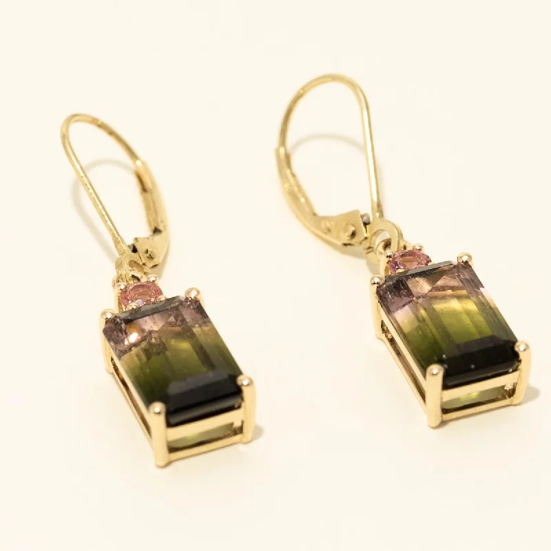 Emerald Cut Bicolor Tourmaline Earrings in 14kt Yellow Gold