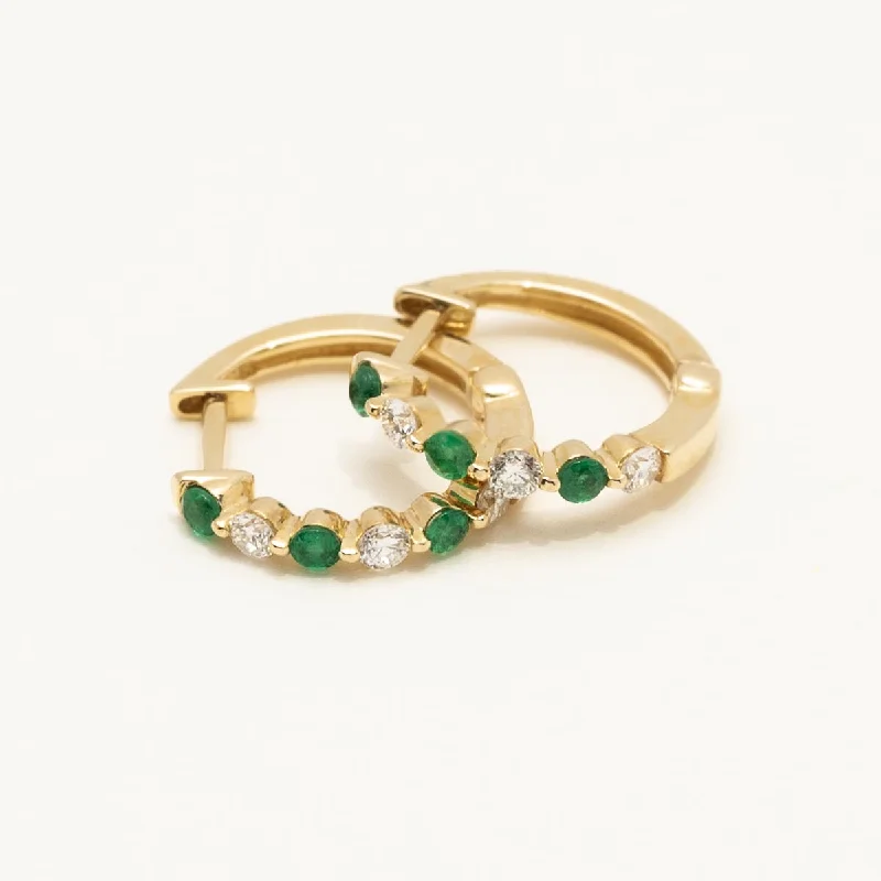 Emerald Hoop Earrings in 14kt Yellow Gold with Diamonds (1/5ct tw)