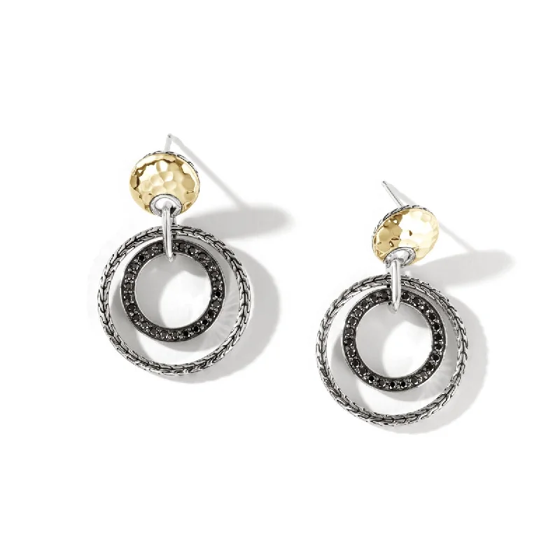 John Hardy Classic Chain Collection Black Sapphire and Spinel Hammered Earrings in Sterling Silver and 18kt Yellow Gold