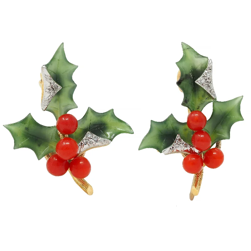 Mid-Century Diamond Nephrite Jade Carnelian Platinum 14 Karat Gold Vintage Holly Earrings