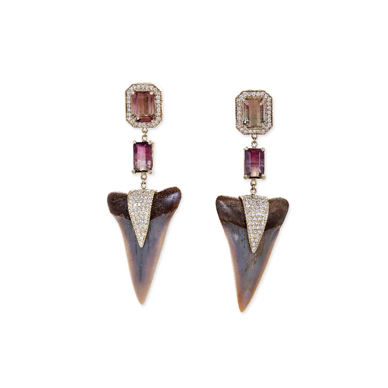 PAVE TOURMALINE BAGUETTES + PAVE V CAP LARGE BROWN SHARK TOOTH EARRINGS