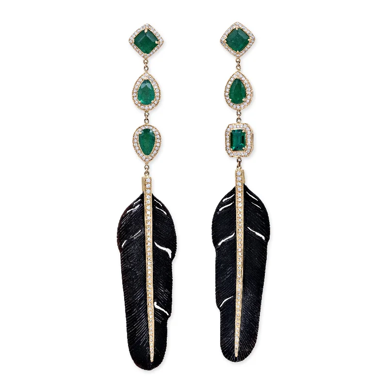 PAVE TRIPLE EMERALD + PAVE BLACK FEATHER EARRINGS