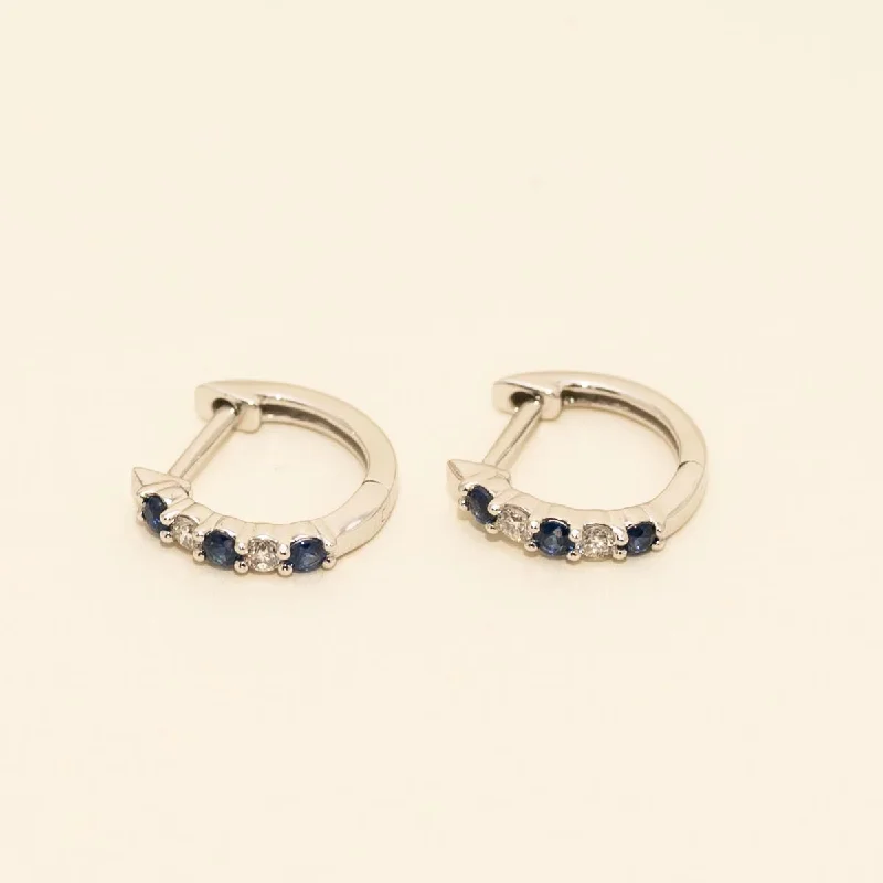 Sapphire Huggie Hoop Earrings in 14kt White Gold with Diamonds (1/10ct tw)