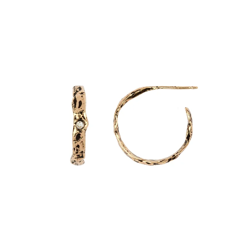 Small Precious Stone Set 14K Gold Textured Hoops