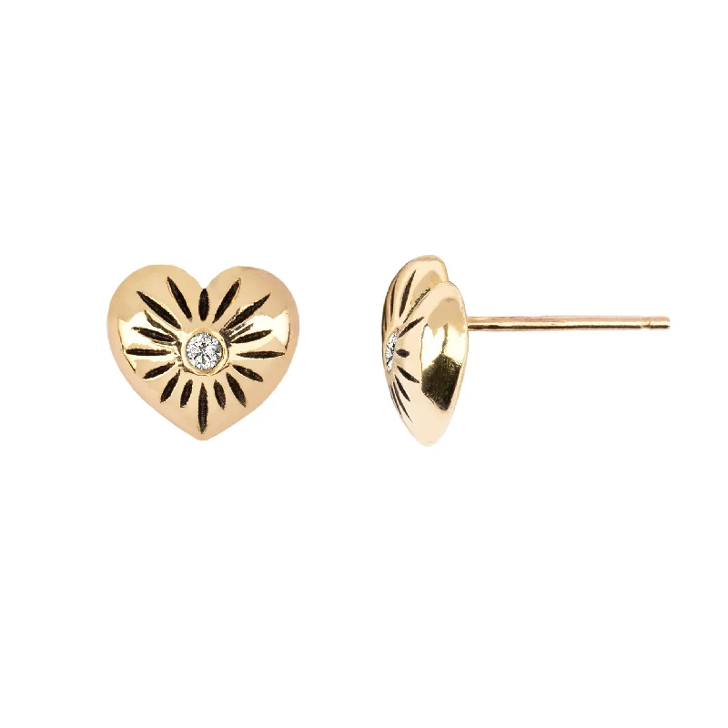 Small 14K Gold Puffed Heart Diamond Set Stud