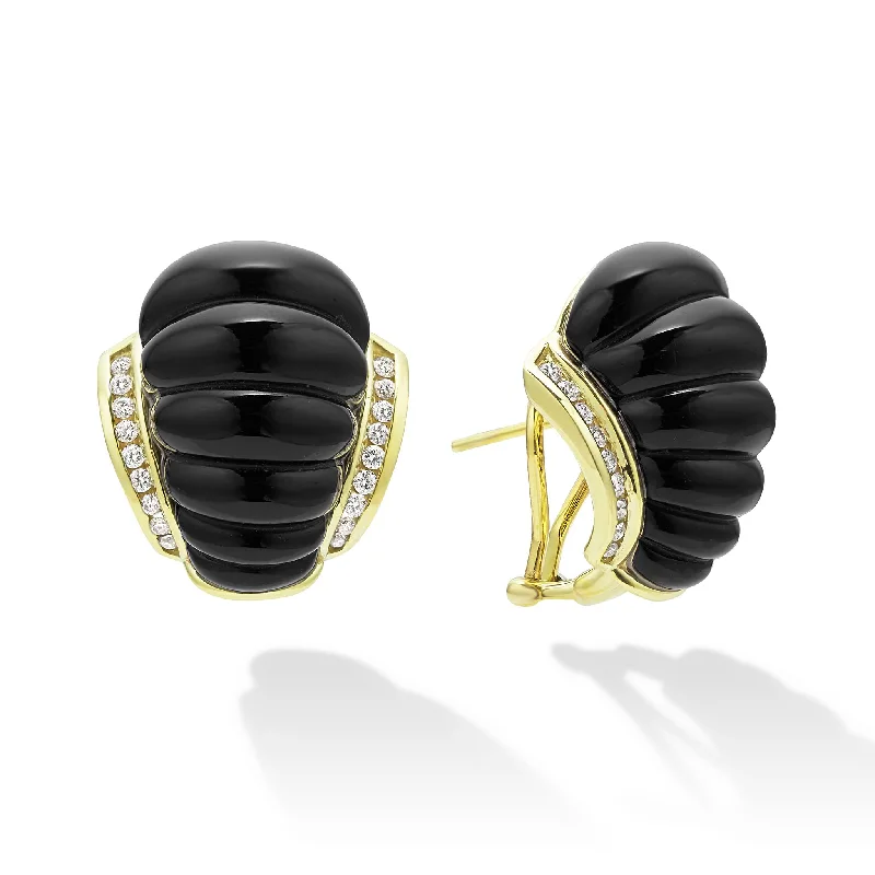 Studio 18K Gold Fluted Onyx Diamond Earrings