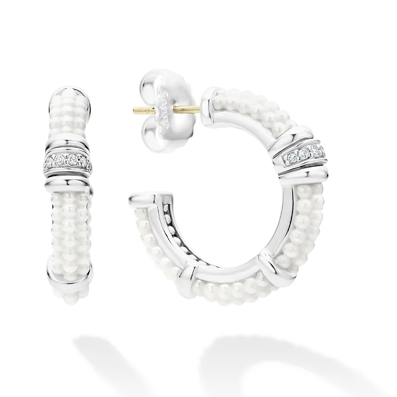 White Caviar Ceramic and Diamond Hoop Earrings