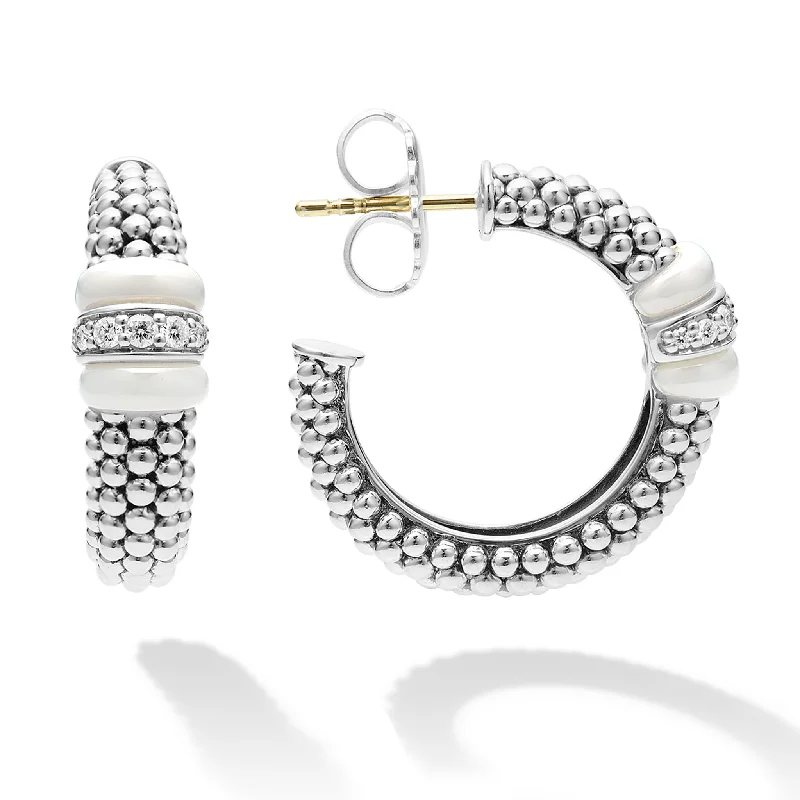 White Caviar Ceramic Caviar Diamond Hoop Earrings