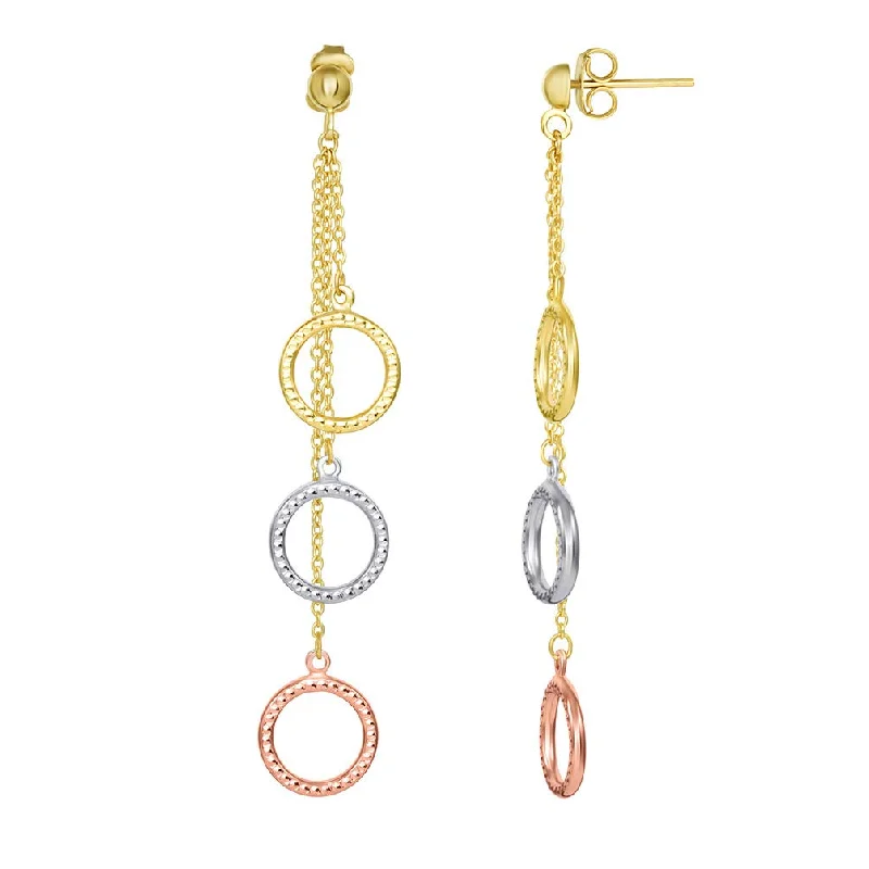 14k Gold Dangling Circle of Life Drop Earrings with Friction Back - Yellow Gold, White Gold and Rose Gold