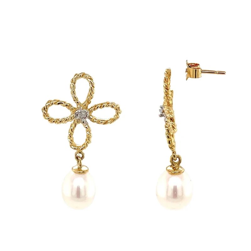 14K Gold Pearl and Diamond Drop Earrings