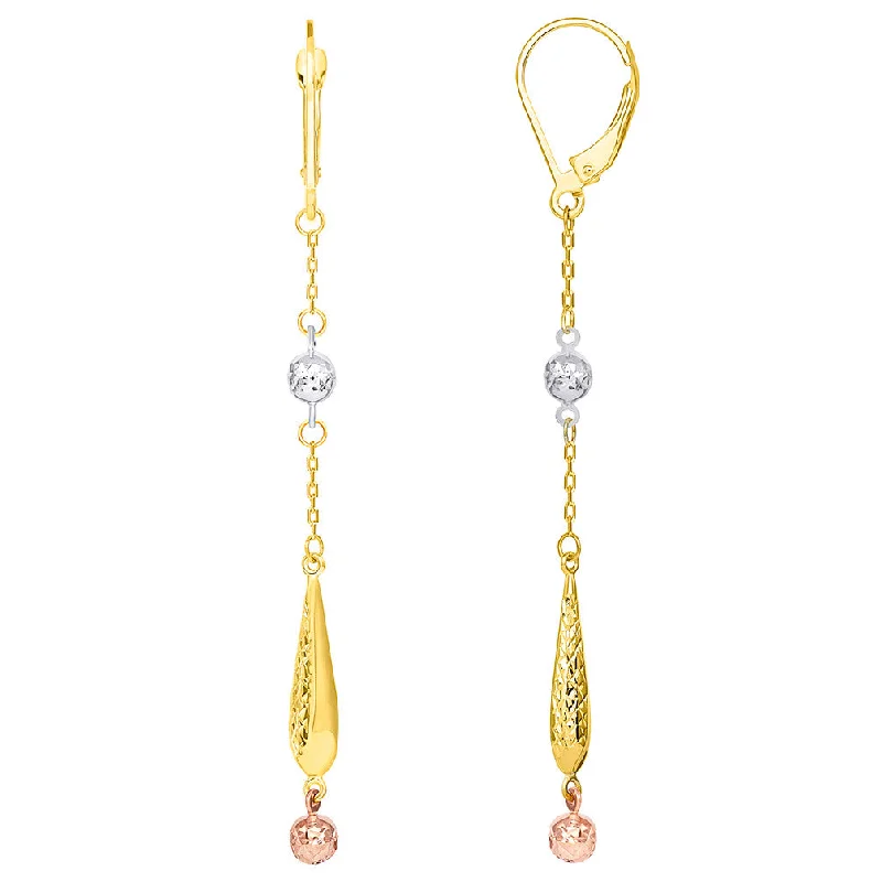 14k Tri Color Gold Beaded Textured Teardrop Dangle Drop Earrings with Lever Back