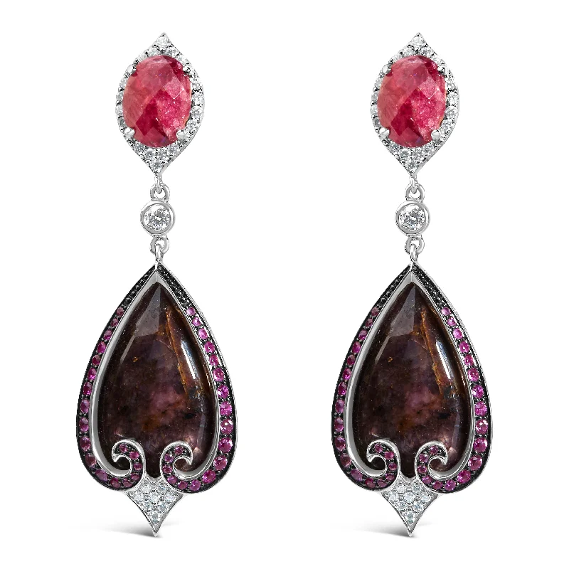 14K White Gold 3/5 Cttw Diamond, Grey-Orange Sapphire, and Pink Spinel Vintage-Inspired Drop Earrings