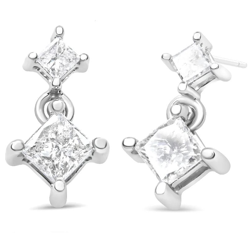 14K White Gold 3/8 Cttw Princess-Cut Diamond Double Dangle 2 Stone Stud Drop Earrings for Women