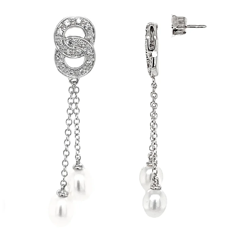 14K White Gold Diamond and Pearl Drop Earrings