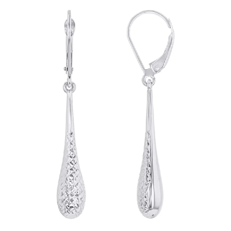 14k White Gold Textured Teardrop Dangle Drop Earrings, 6mm