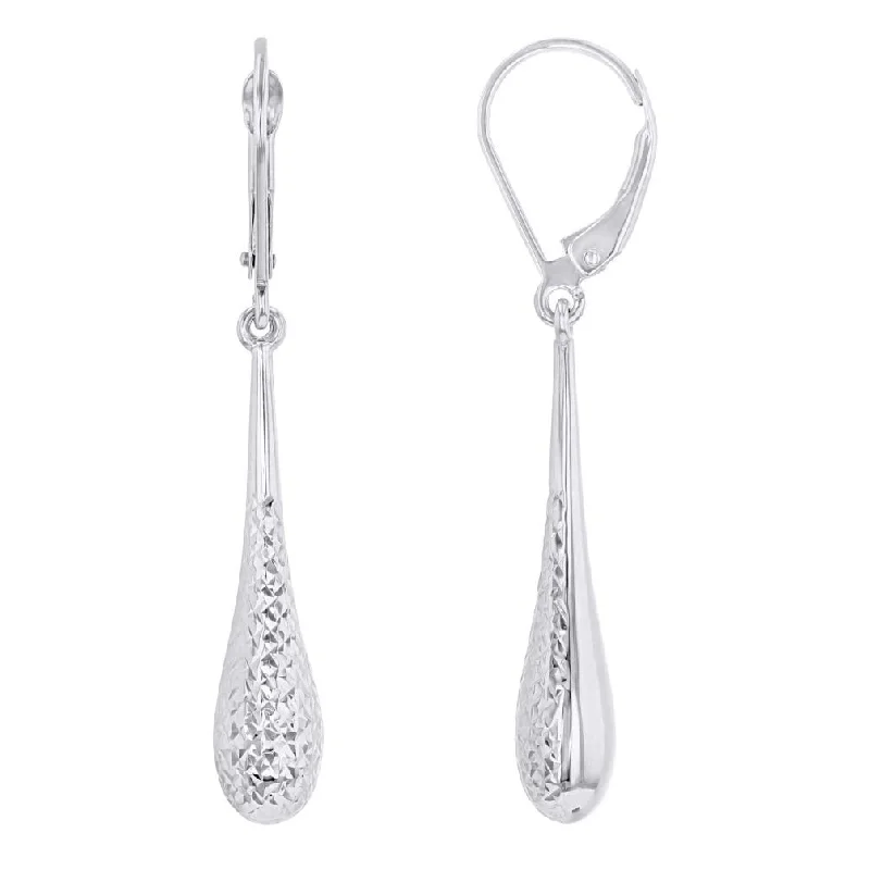 14k White Gold Textured Teardrop Dangle Drop Earrings