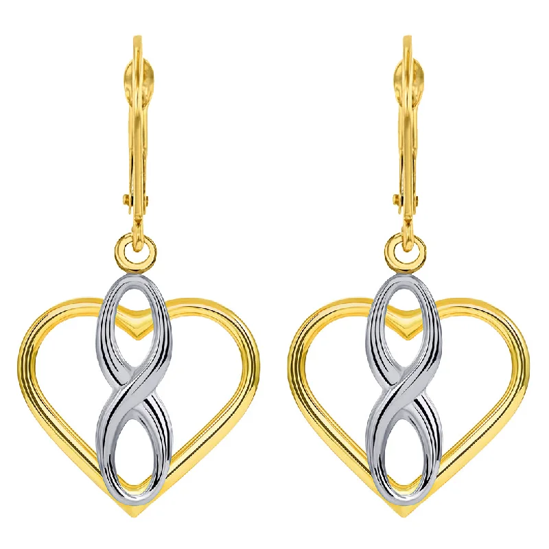 14k Two Tone Gold Infinity Sign in Open Heart Dangle Drop Earrings with Leverback