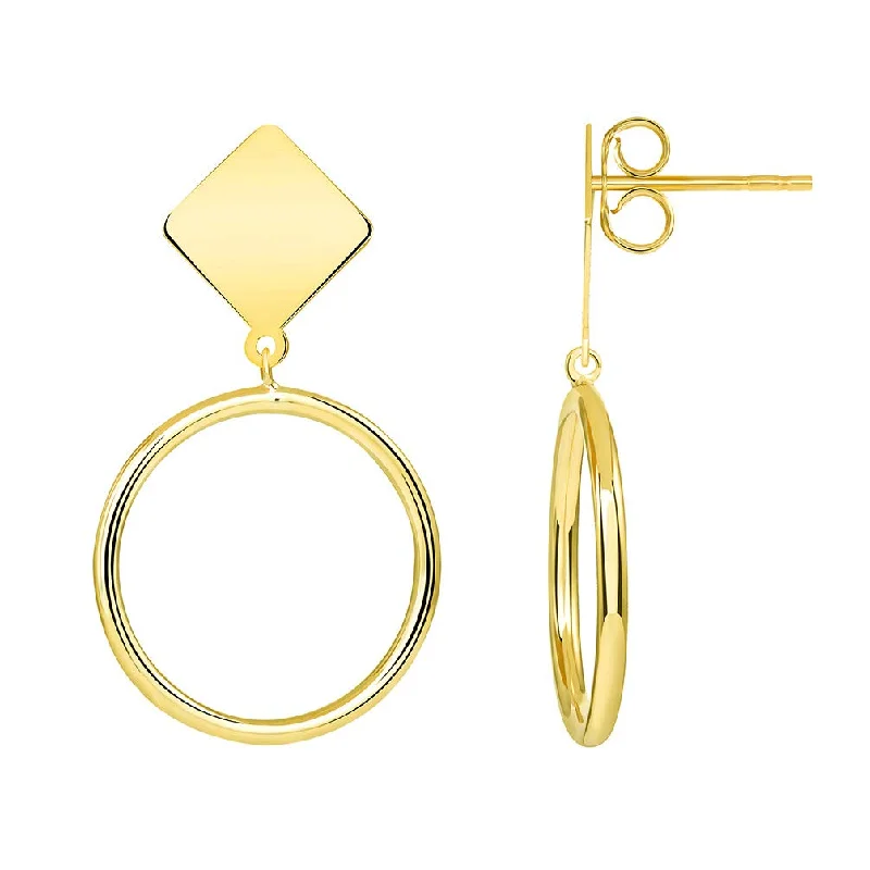 14k Yellow Gold Circle of Life Hoop Dangle Drop Earrings with Diamond Shaped Post Friction Back