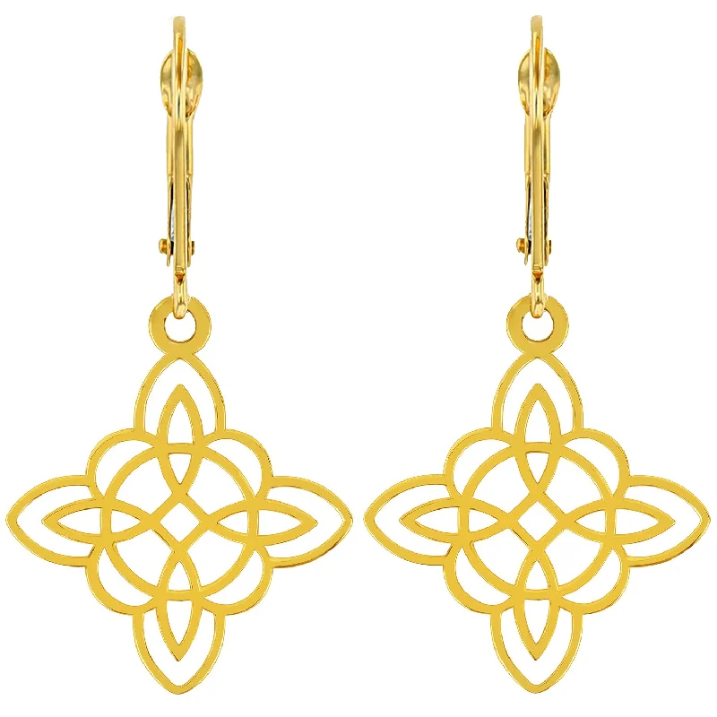 14k Yellow Gold Dainty Witch's Knot Cross Dangle Drop Earrings with Leverback