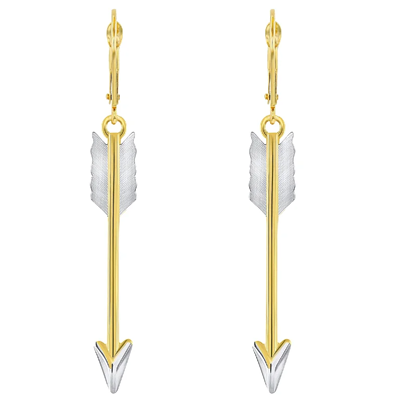 14k Yellow Gold Feather Arrow Dangle Drop Earrings with Leverback - 3D