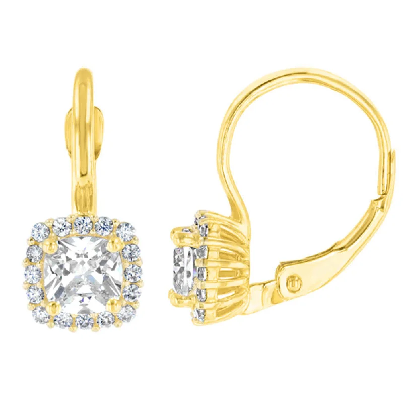 14K Yellow Gold Pave Square CZ Solitaire Dangling Drop Earrings