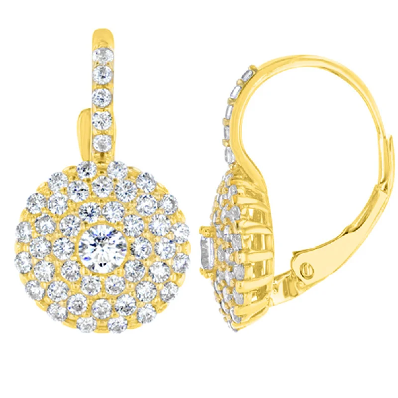 14K Yellow Gold Round Pave CZ Studded Dangling Drop Earrings