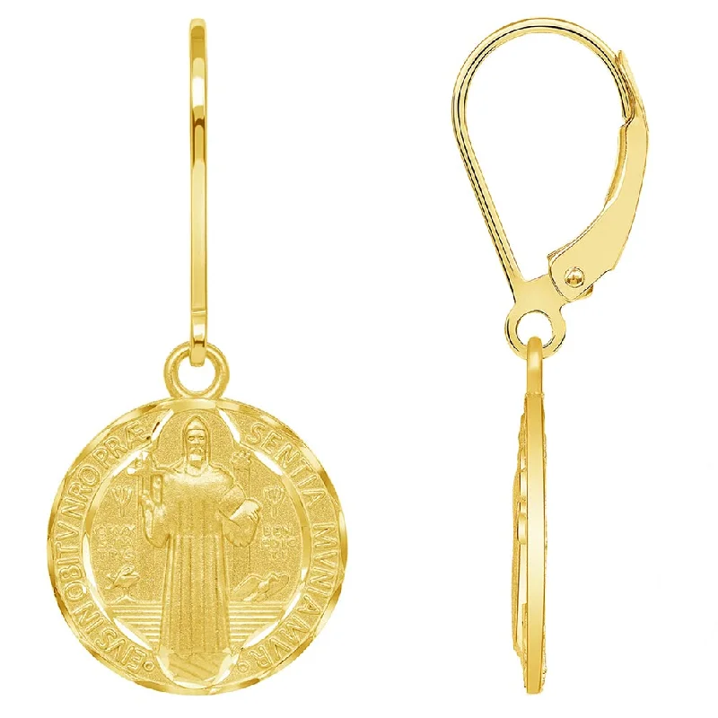 14k Yellow Gold Round Shaped St. Benedict Medallion Dangle Drop Earrings with Lever back (Reversible)