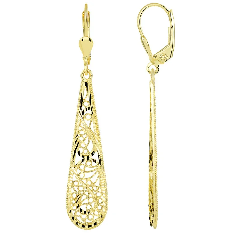 14k Yellow Gold Textured Filigree Teardrop Dangle Drop Earrings with Lever back