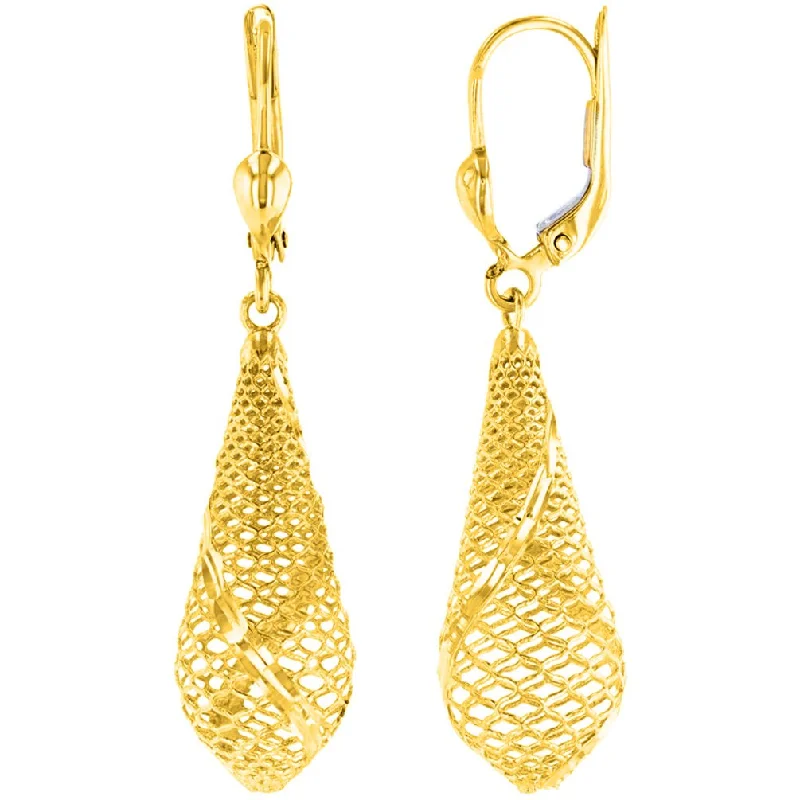 14k Yellow Gold Textured Teardrop Dangle Drop Earrings, 10mm