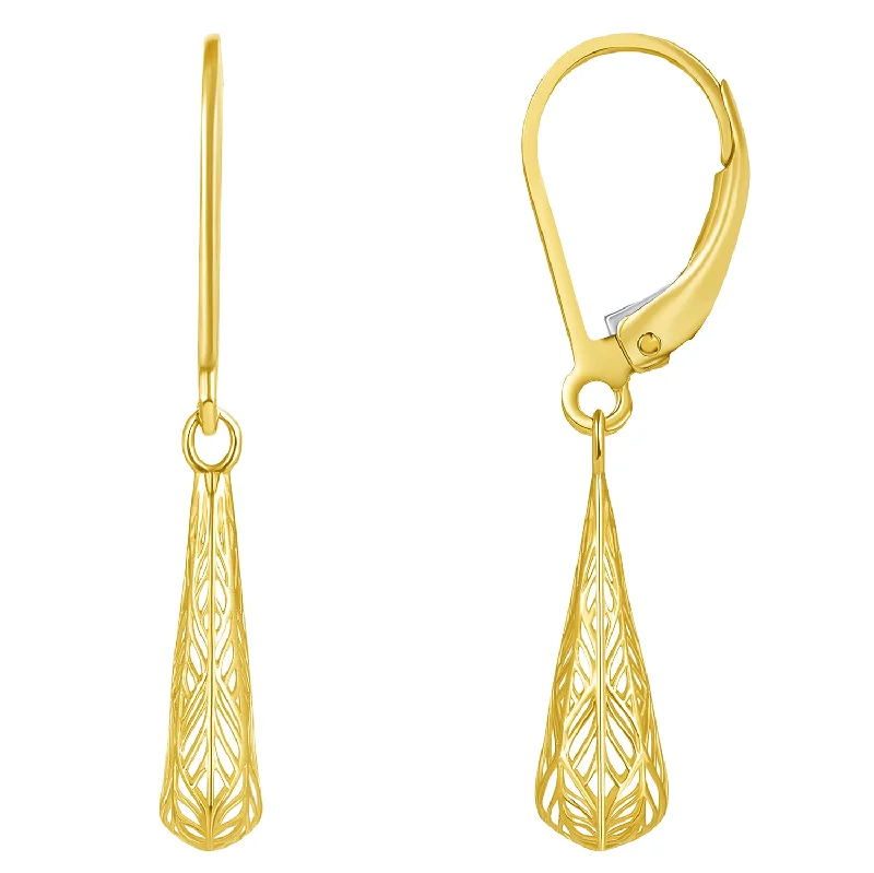 14k Yellow Gold Textured Filigree Teardrop Dangle Drop Earrings, 5mm