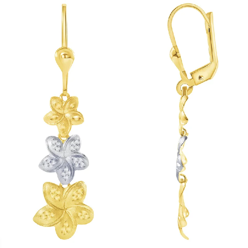 14k Yellow Gold Three Hawaiian Plumeria Flower Two-Tone Dangle Drop Earrings with Leverback