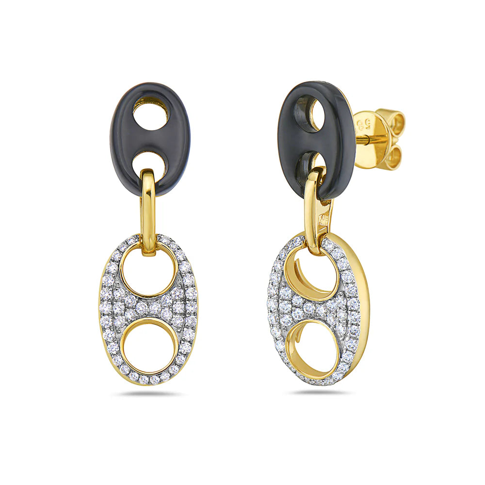 14K Yellow Gold Puff Gucci / Mariner Onyx & Pave Diamond Drop Earrings