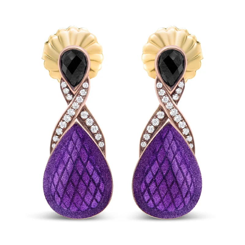 18K Rose Gold Flash Plated .925 Sterling Silver Purple Enamel 1/5 Cttw Round Pave-Set Diamond and 5.5 x 4mm Pear-Shaped Black Onyx Drop Earrings