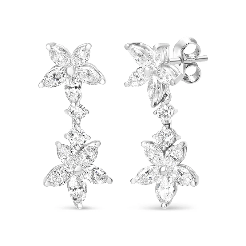 18k White Gold 6.0 Cttw Marquise Diamond Floral Dangle Drop Earrings