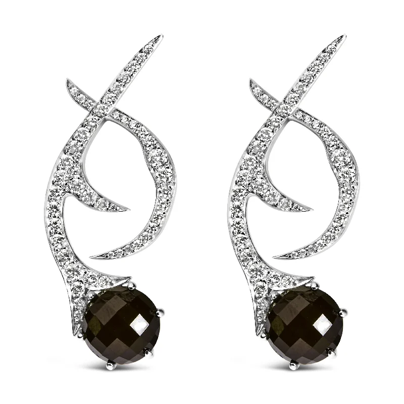 18K White Gold Earrings 1 3/5 Cttw Diamonds and Cabochon Cut Black Shell Swirl Drop Earrings