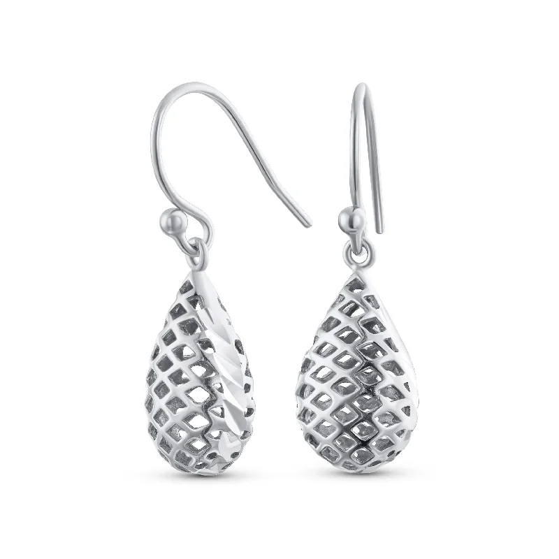 Basket Weave Puffed Raindrop Teardrop Earrings Sterling Silver 1Inch