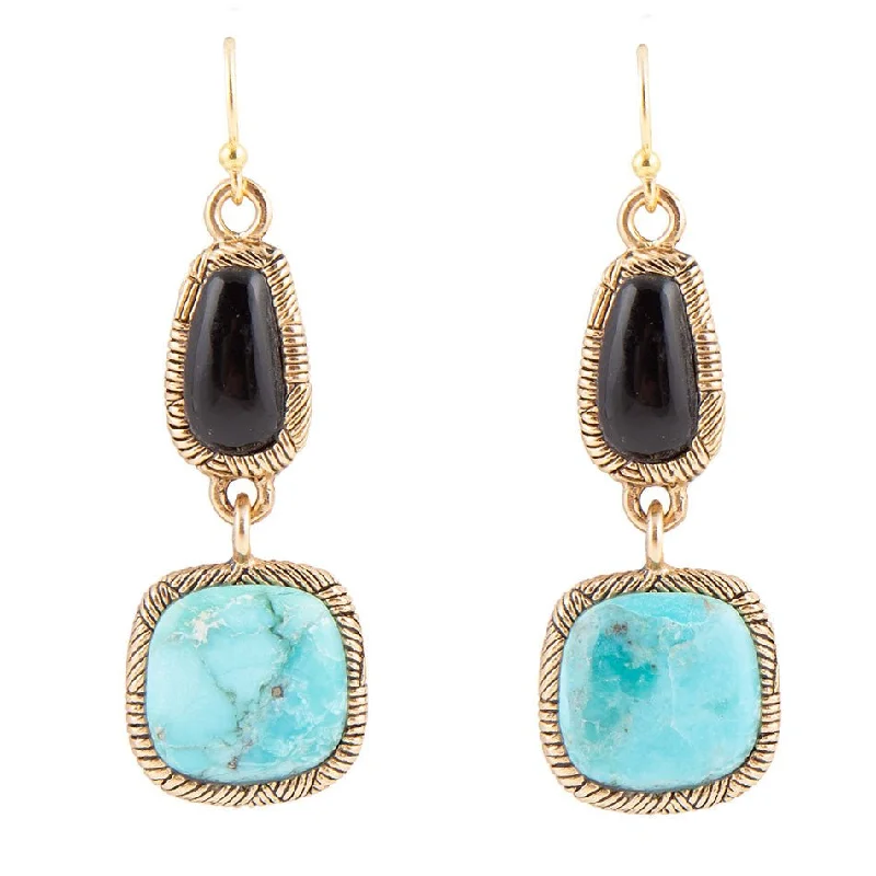 Black Onyx and Blue turquoise Golden Bronze Drop Earrings