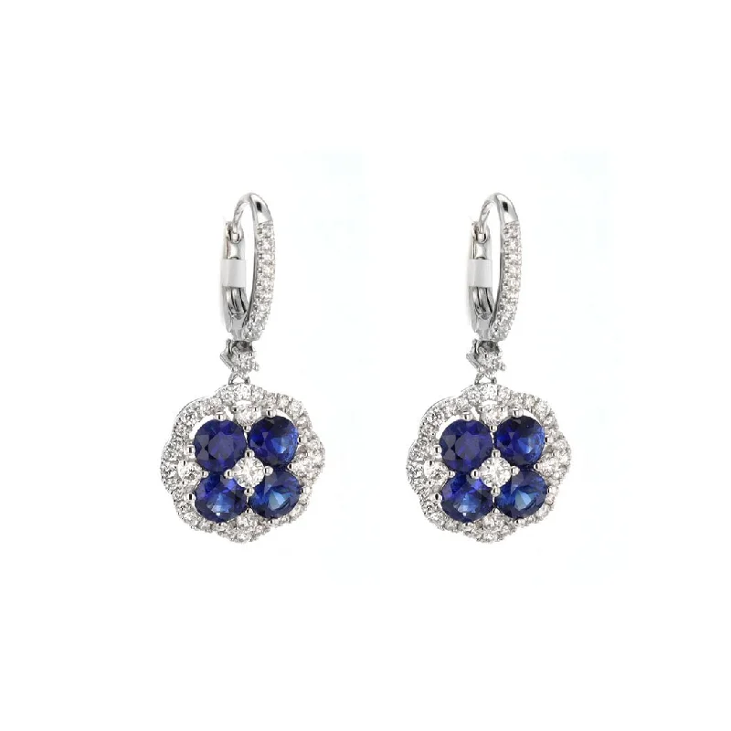 Blue Sapphire & Diamond Halo Drop Earrings