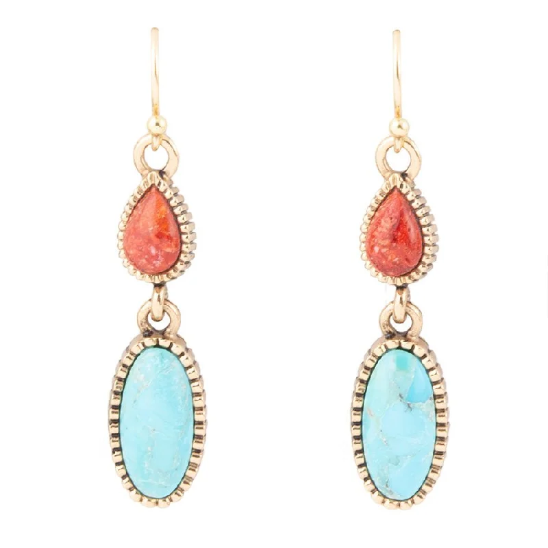 Blue Turquoise and Red Coral Golden Drop Earrings