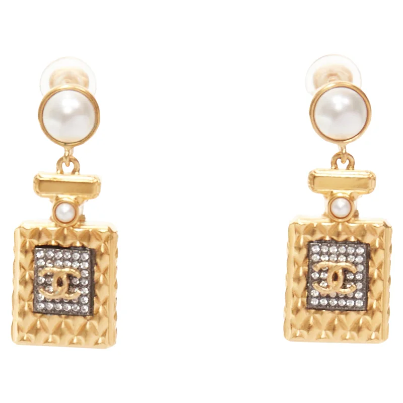 Chanel CC Perfume Bottle Faux Pearl Drop Pendant Earrings