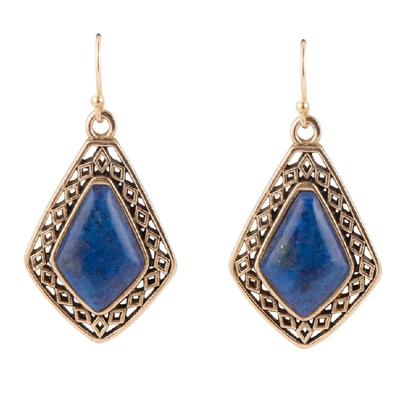 Dimond Blue Lapis Stone Golden Drop Earrings