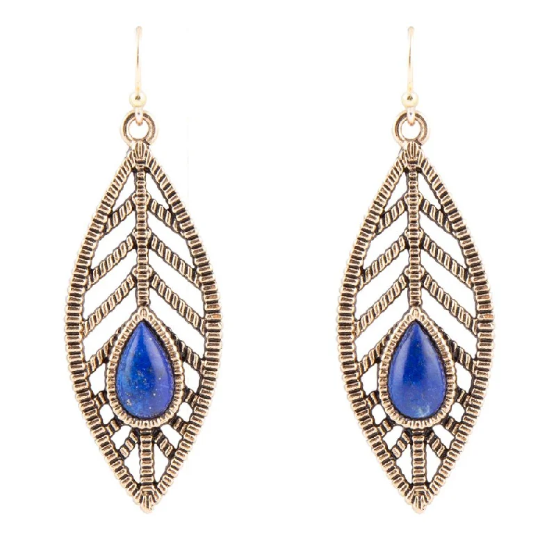 Flourished Blue Lapis Golden Feather Drop Earrings