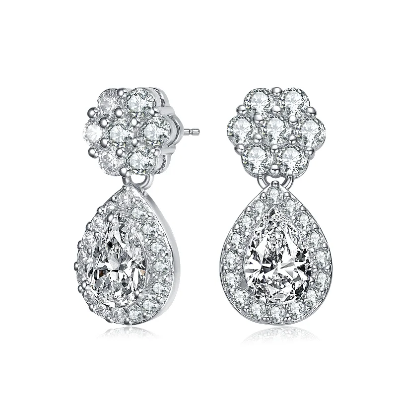 GENEVIVE Sterling Silver Cubic Zirconia Halo Flower Post Drop Earrings